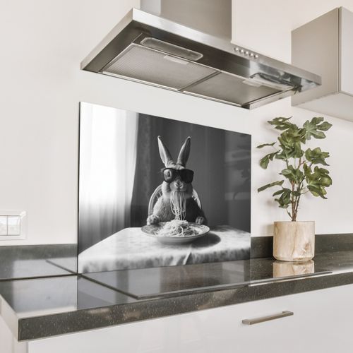 Spatscherm Aluminium - Konijn - Bunny - Zonnebril - Tafelkleed - Pasta - Schattig