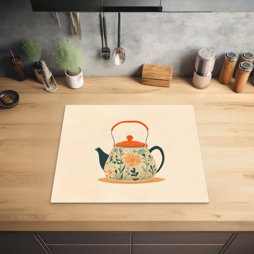 Inductie beschermer - Oranje - Theepot - Bloemen - Bladeren