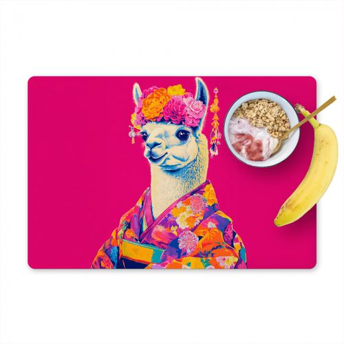 Placemat vinyl - Lama - Kimono - Bloemenkrans - Felroze
