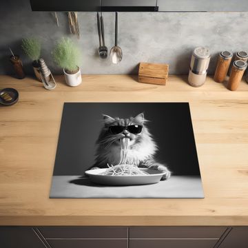 Inductie beschermer - Langharige kat - Zonnebril - Spaghetti - Humor - Zwart - wit