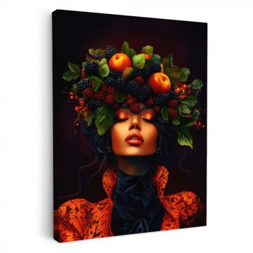 Canvas schilderij - Vrouw - Zwart - Bessen - Bramen - Appels