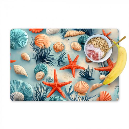 Placemat vinyl - Zeesterren - Schelpen - Illustratie - Zand