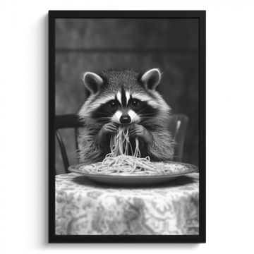 Poster met lijst - Wasbeer - Cute - Pasta - Tafelkleed - Zwart - Wit