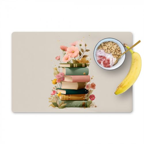 Placemat vinyl - Boeken - Stapel - Bloemen - Kleurrijk