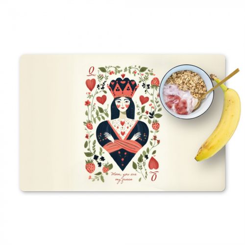 Placemat vinyl - Speelkaart - Hartenkoningin - Bloemen - Hartjes