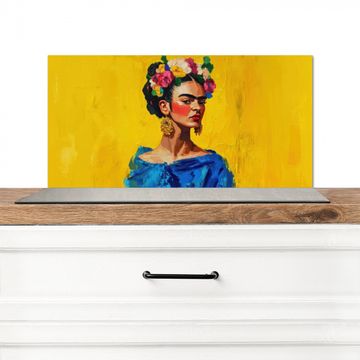 Spatscherm Aluminium - Frida Kahlo - Vrouw - Geel - Blauw - Bloemen