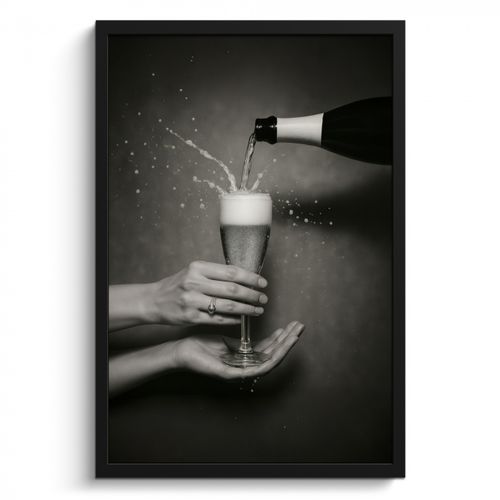 Poster met lijst - Champagnefles - Glas - Minimalistisch - Spetters