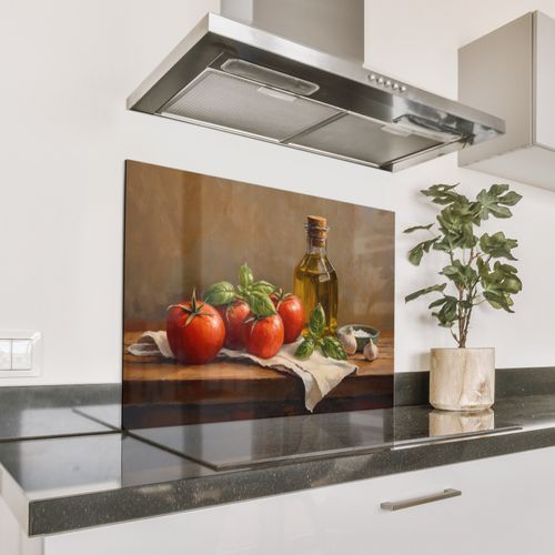 Spatscherm Aluminium - Tomaten - Olijfolie - Stilleven
