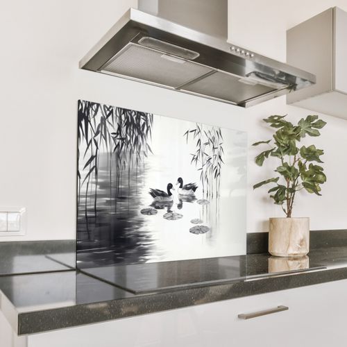 Spatscherm Aluminium - Eenden - Waterlelies - Riet - Zwart