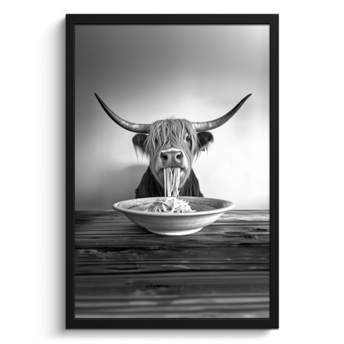 Poster met lijst - Schotse Hooglander - Spaghetti - Dieren - Zwart wit