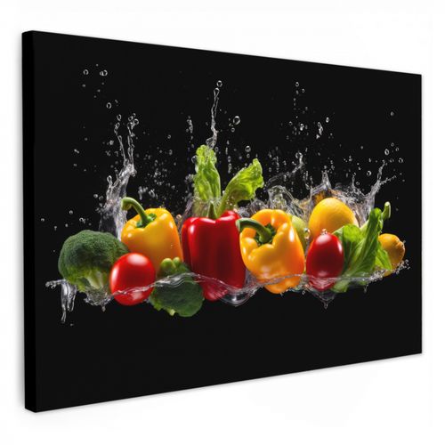 Canvas schilderij - Paprika - Water - Groente - Zwart