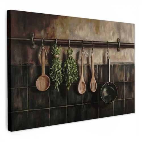 Canvas schilderij - Keukengerei - Rustiek - Tegels - Kruiden