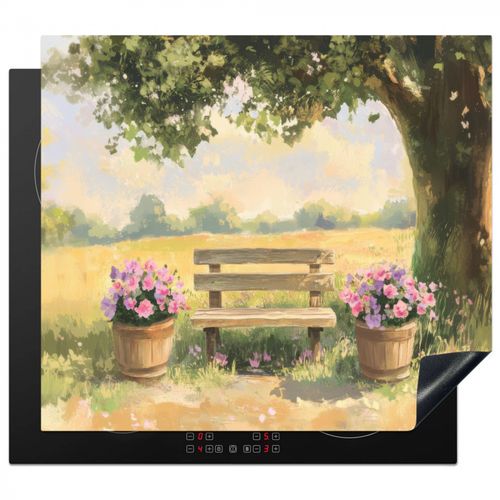 Inductie beschermer - Houten bankje - Bloempotten - Landschap