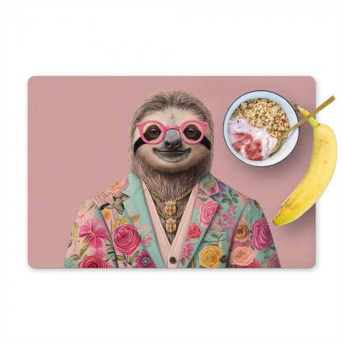 Placemat vinyl - Luiaard - Bloemenprint - Bril - Roze