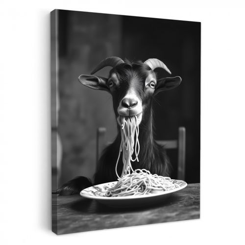Canvas schilderij - Geit - Bord - Spaghetti - Zwart Wit