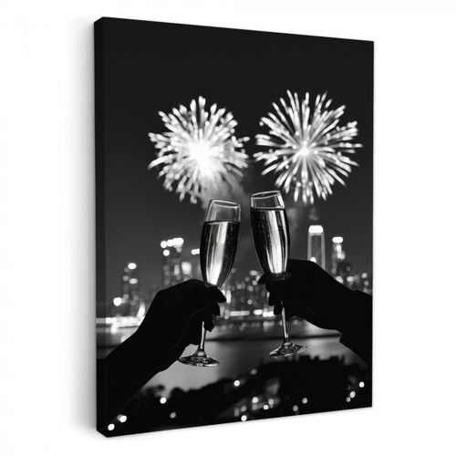 Canvas schilderij - Vuurwerk - Proosten - Skyline - Champagne