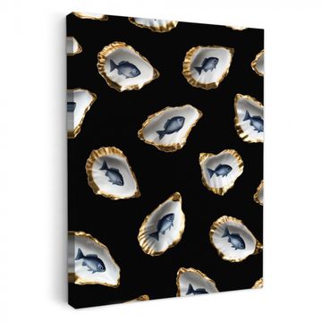 Canvas schilderij - Oesters - Vissen - Blauw - Goud