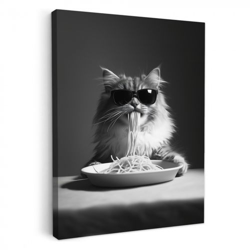 Canvas schilderij - Langharige kat - Zonnebril - Spaghetti - Humor - Zwart - wit
