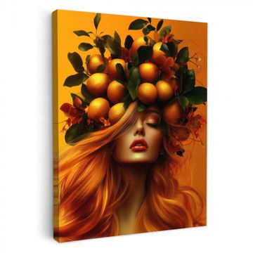 Canvas schilderij - Vrouw - Citroenen - Bloesem - Geel