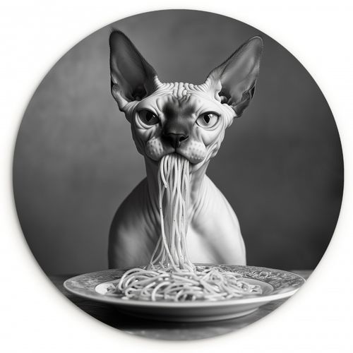 Muurcirkel - Sphynx - Kat - Dieren - Humor - Spaghetti - Zwart Wit