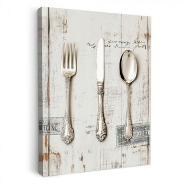 Canvas schilderij - Zilver - Bestek - Hout