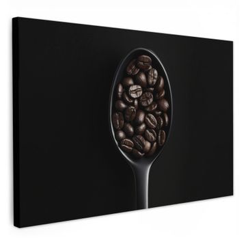 Canvas schilderij - Koffiebonen - Lepel - Zwart