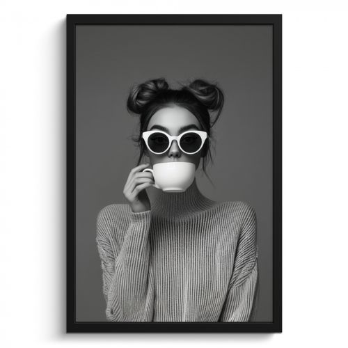 Poster met lijst - Vrouw - Koffie - Zwart - Wit