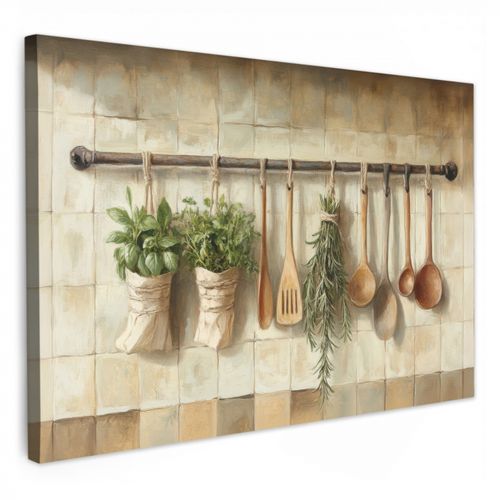 Canvas schilderij - Hout - Keukengerei - Stilleven - Tegels
