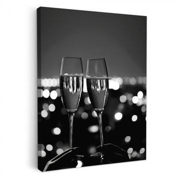 Canvas schilderij - Bubbels - Proosten - Champagneglazen - Stadslichten