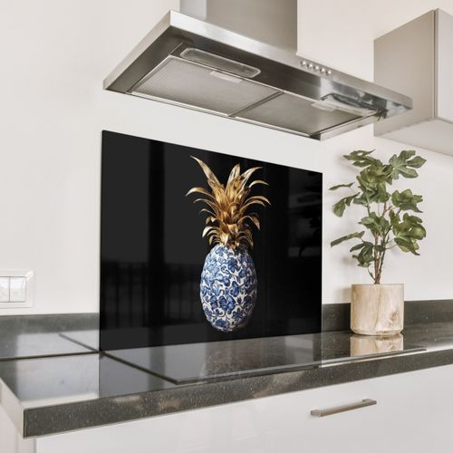 Spatscherm Aluminium - Ananas - Bloemen patroon - Goud - Delftsblauw