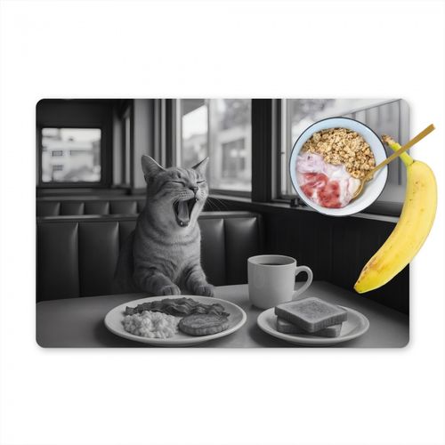 Placemat vinyl - Kat - Koffie - Brood - Zwart