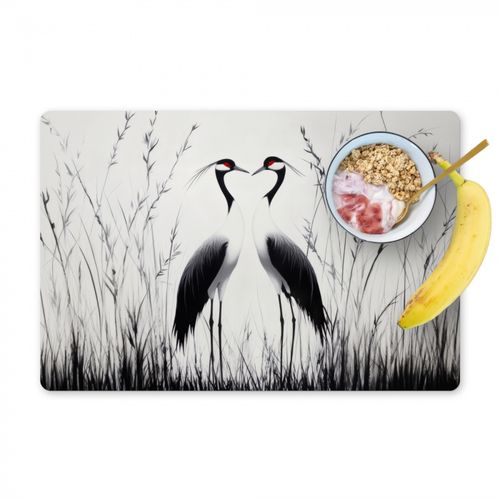 Placemat vinyl - Kraanvogels - Gras - Hartvorm - Zwart