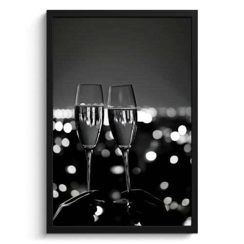 Poster met lijst - Bubbels - Proosten - Champagneglazen - Stadslichten