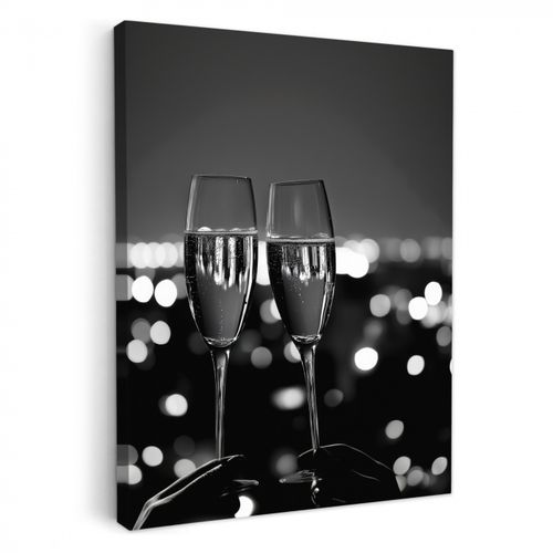 Canvas schilderij - Bubbels - Proosten - Champagneglazen - Stadslichten