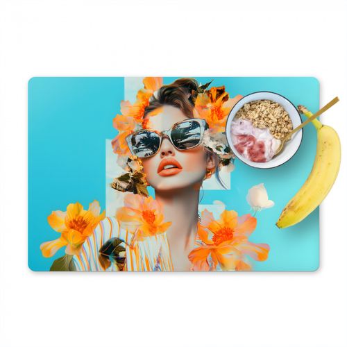Placemat vinyl - Bloemen - Vrouw - Zonnebril - Blauw