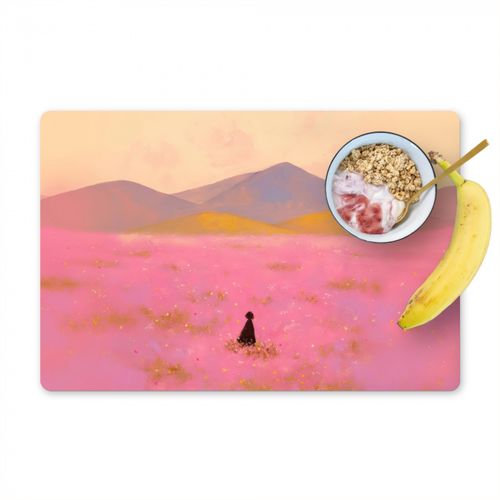 Placemat vinyl - Bloemenweide - Heuvels - Silhouet - Roze