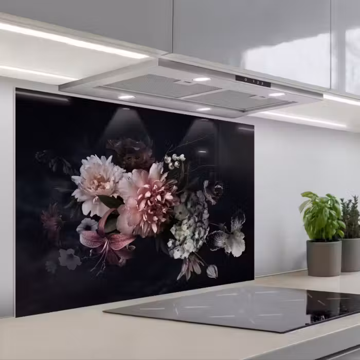 Spatscherm keuken - Nachtelijk Bloemenarrangement