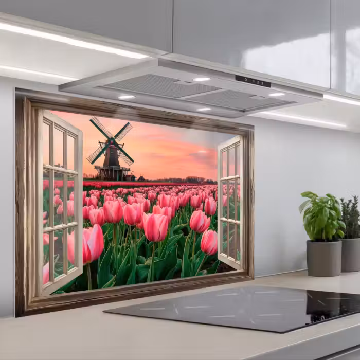 Spatscherm keuken - Doorkijk - Tulpen - Bloemen - Molen - Raam