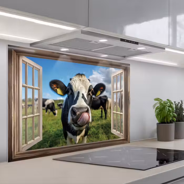 Spatscherm keuken - Doorkijk - Koe - Weiland - Dieren - Natuur