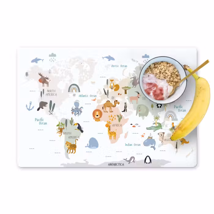 Placemat vinyl - Wereldkaart - Dieren - Kinderen - Pastel