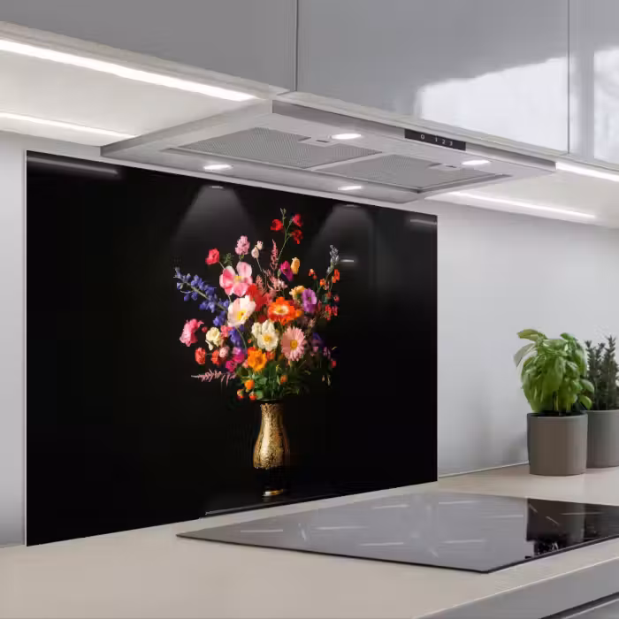 Spatscherm keuken - Kleurrijk - Boeket - Vaas - Goud