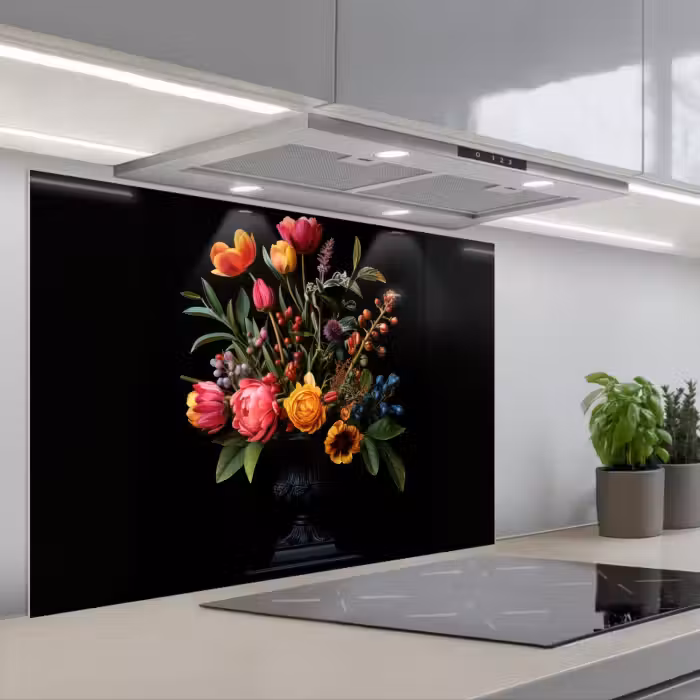 Spatscherm keuken - Tulpen - Bessen - Boeket - Vaas