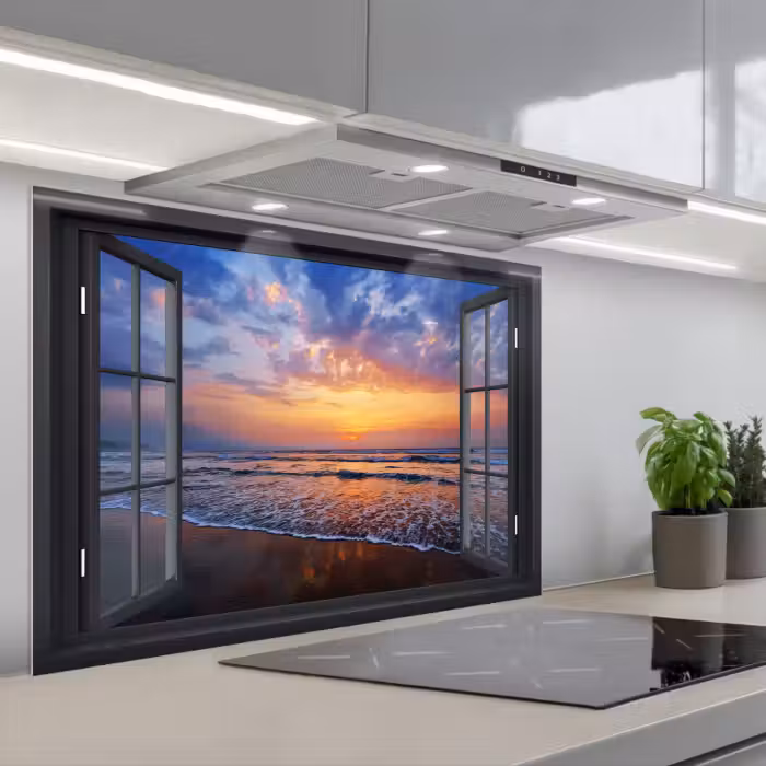 Spatscherm keuken - Doorkijk - Zee - Strand