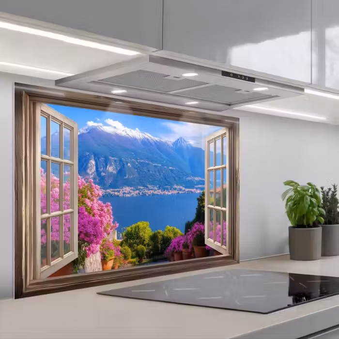 Spatscherm keuken - Doorkijk - Berg - Landschap - Uitzicht - Meer