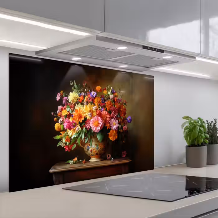 Spatscherm keuken - Kleuren - Boeket - Vaas - Hout