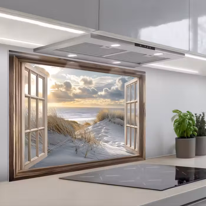 Spatscherm keuken - Doorkijk - Strand - Duinen - Zee - Natuur