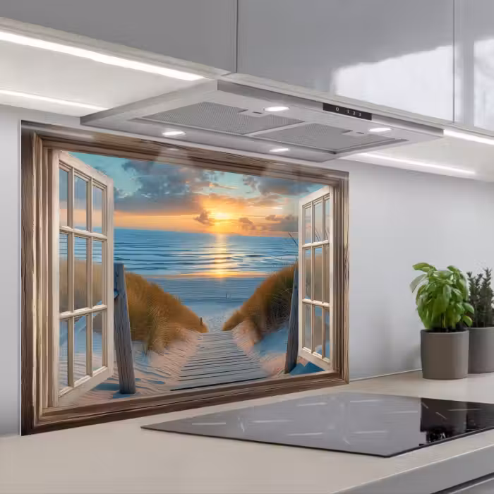 Spatscherm keuken - Doorkijk - Strand - Pad - Zonsondergang