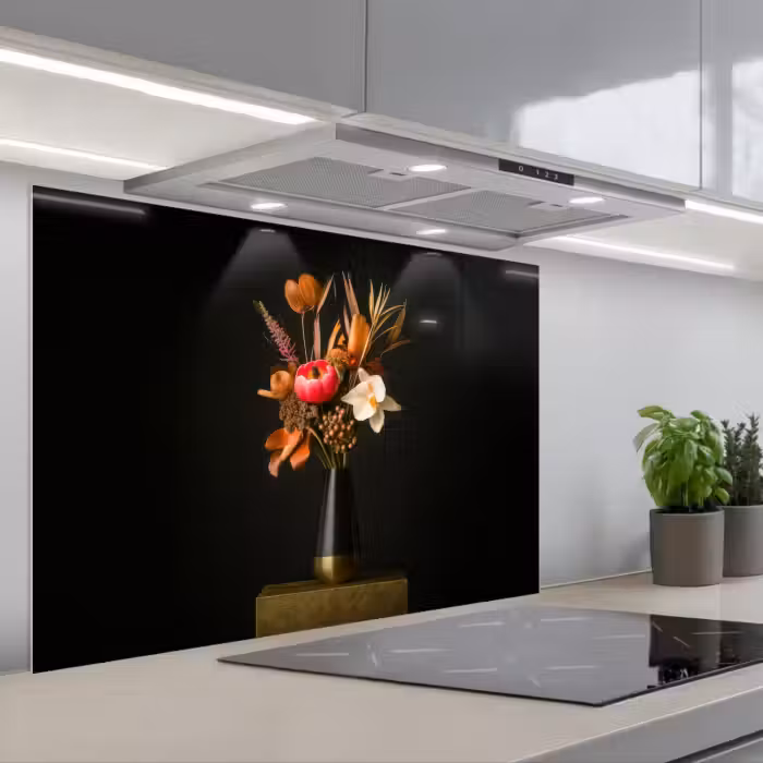 Spatscherm keuken - Boeket - Oranje - Gouden - vaas