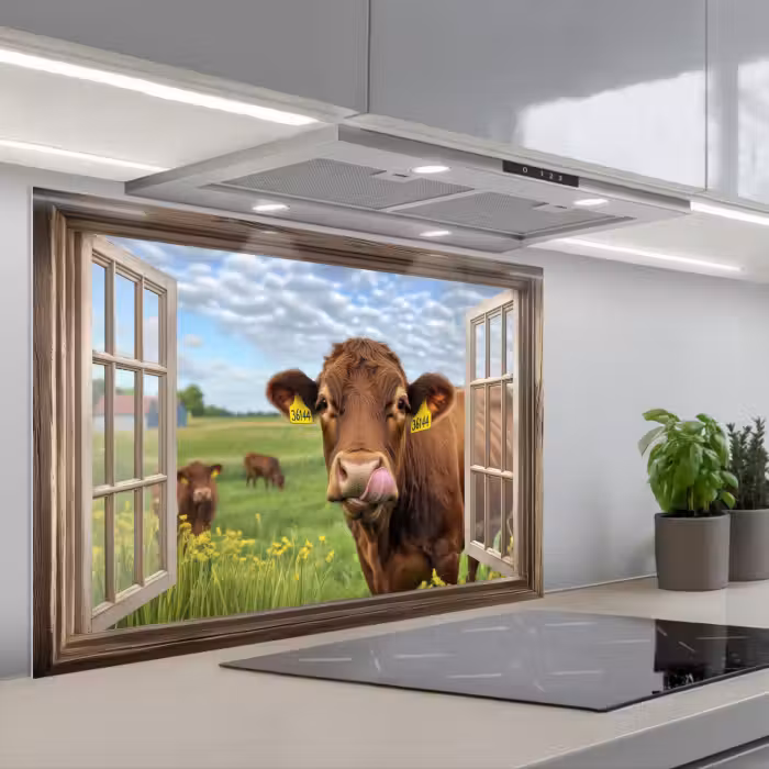 Spatscherm keuken - Doorkijk - Koe - Weiland - Landschap - Dieren