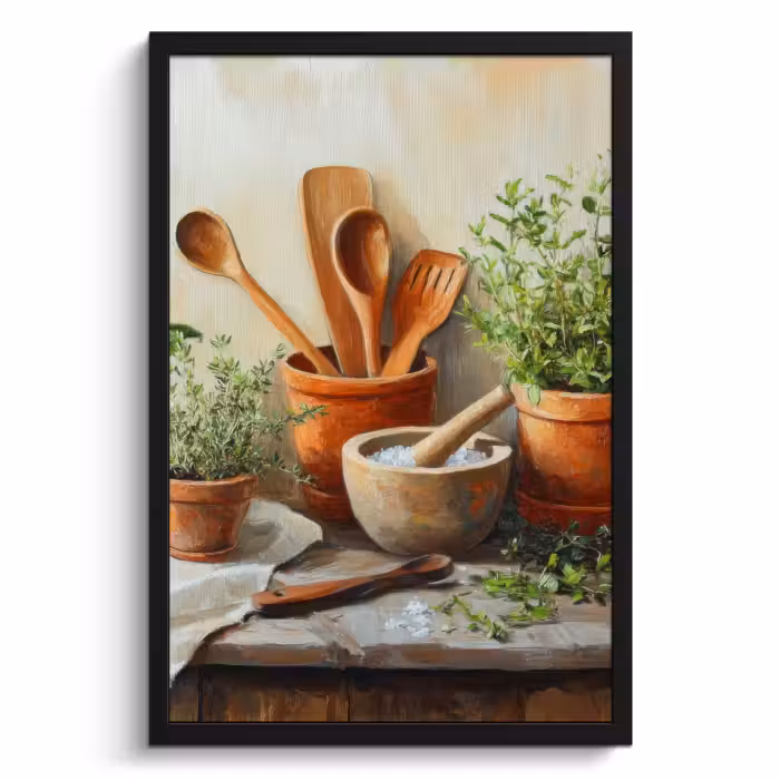 Poster met lijst - Potten - Kruiden - Hout